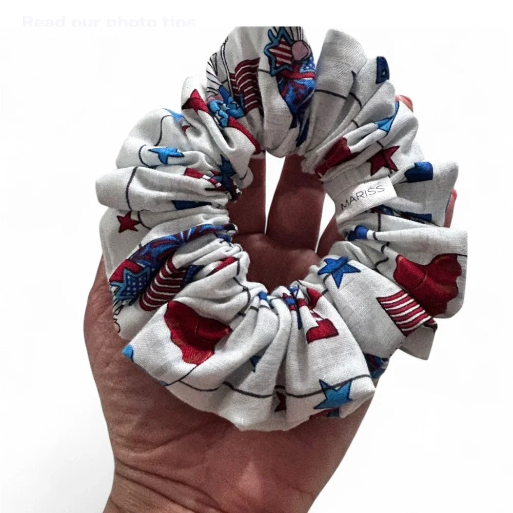 Patriotic Red and Blue Pattern Hair Scrunchies and Headband Set. Handmade.
